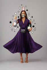 Purple Satin Pleated Midi Dress